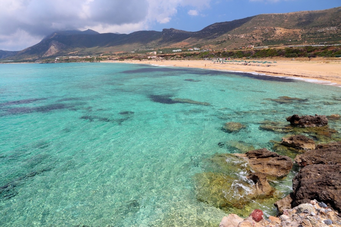 Coast of Crete island in Greece. Red sand beach of famous Falasarna (also known as Falassarna or Phalasarna).